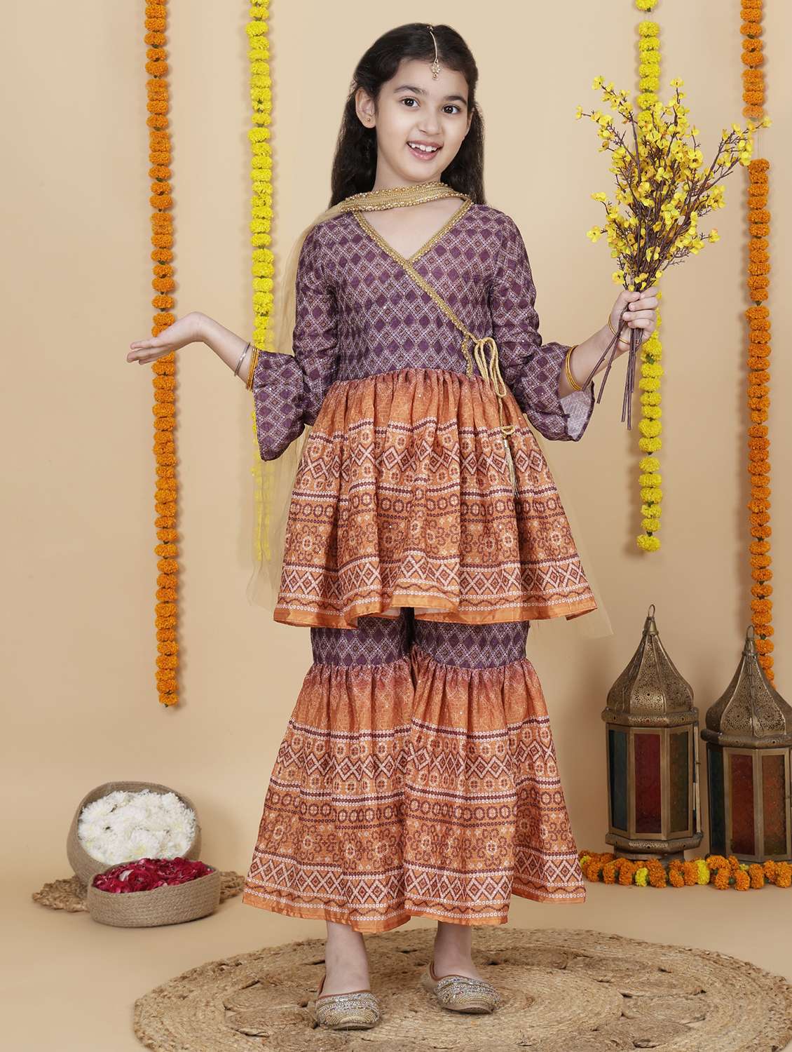 girls printed kurta sharara set with dupatta