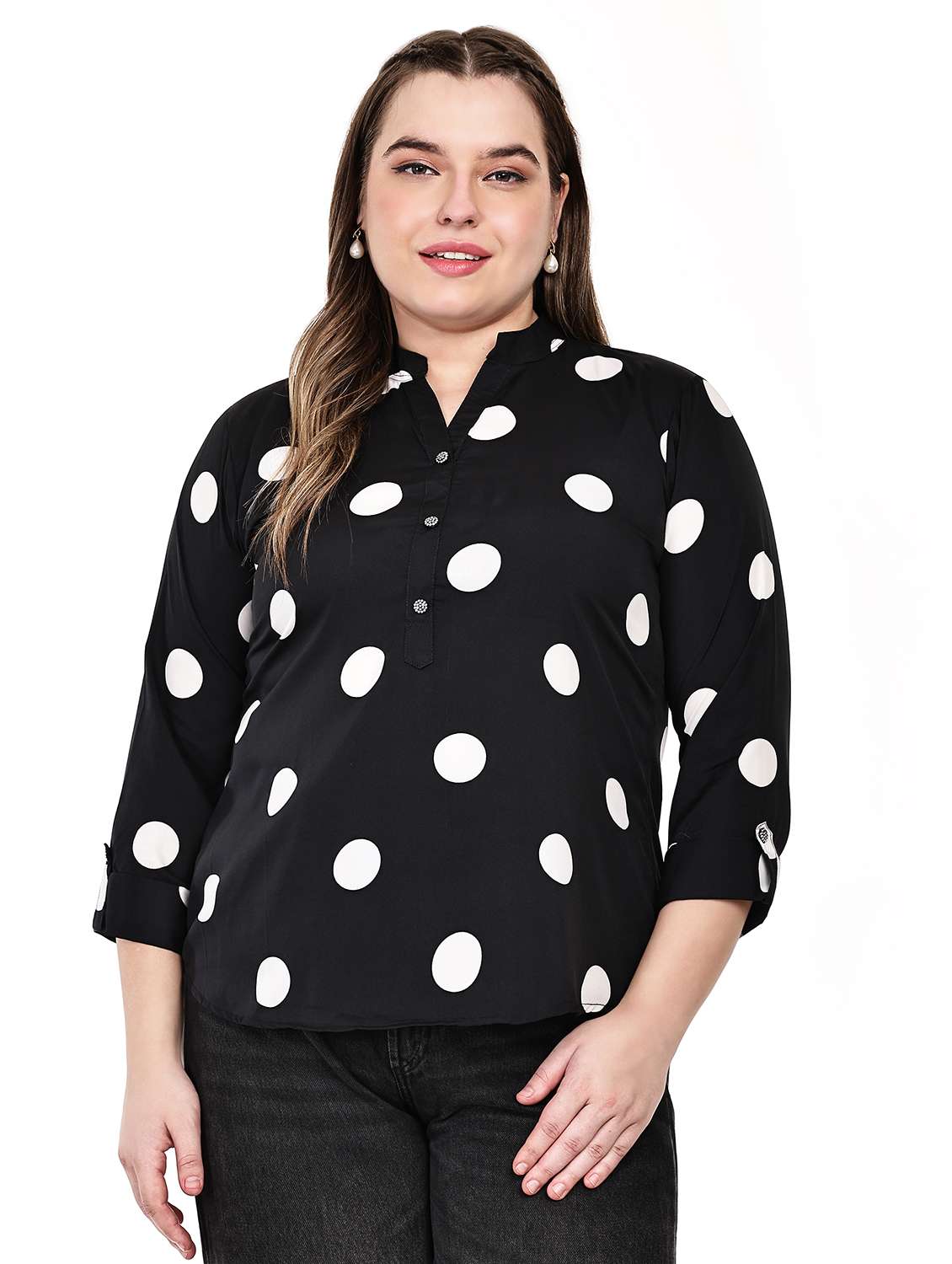 women plus size polka doted mandarin neck top