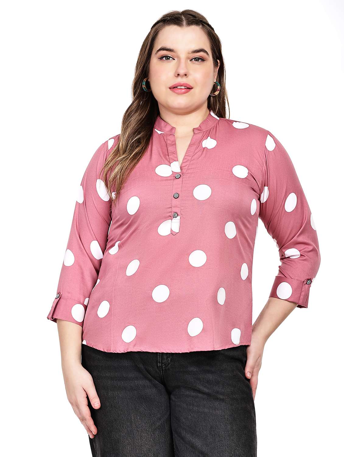 women plus size polka doted mandarin neck top