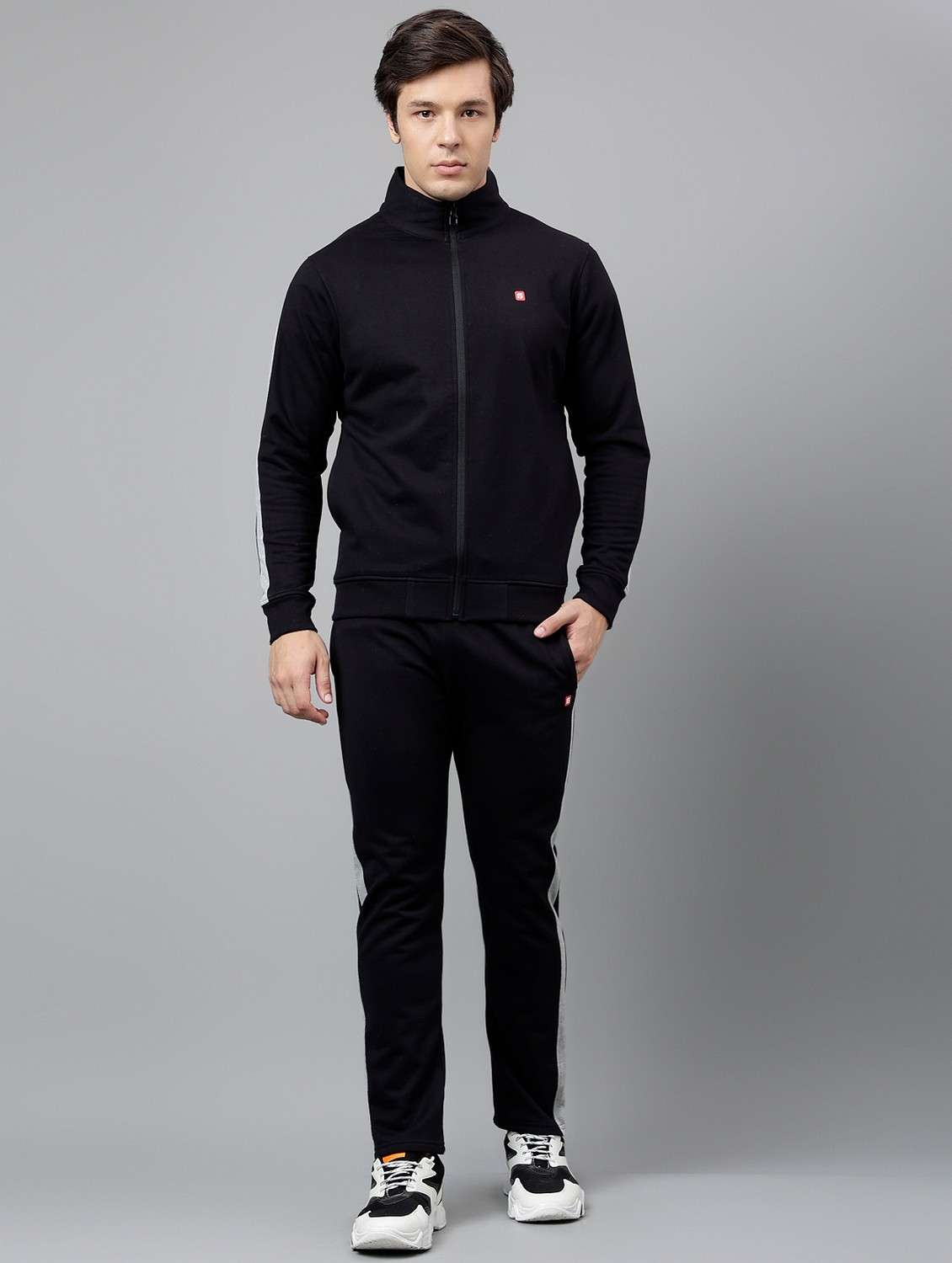 men solid stand collar full length track suit