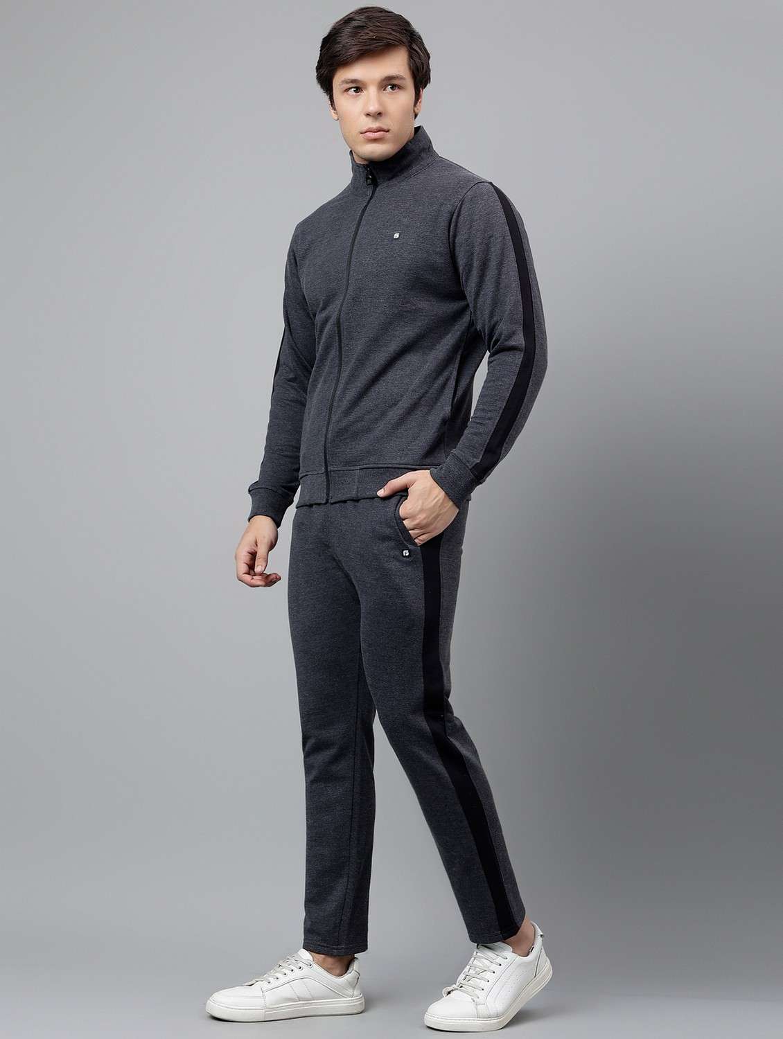 men tapered stand collar full length track suit - 21765015 -  Standard Image - 1