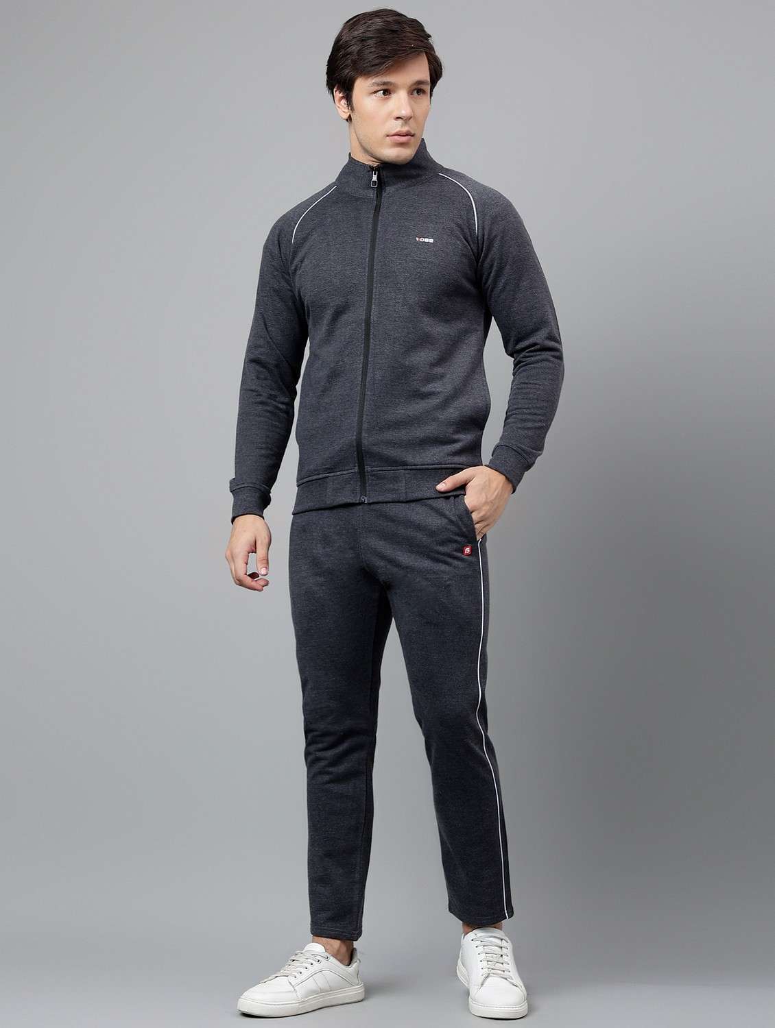 men solid stand collar full length track suit