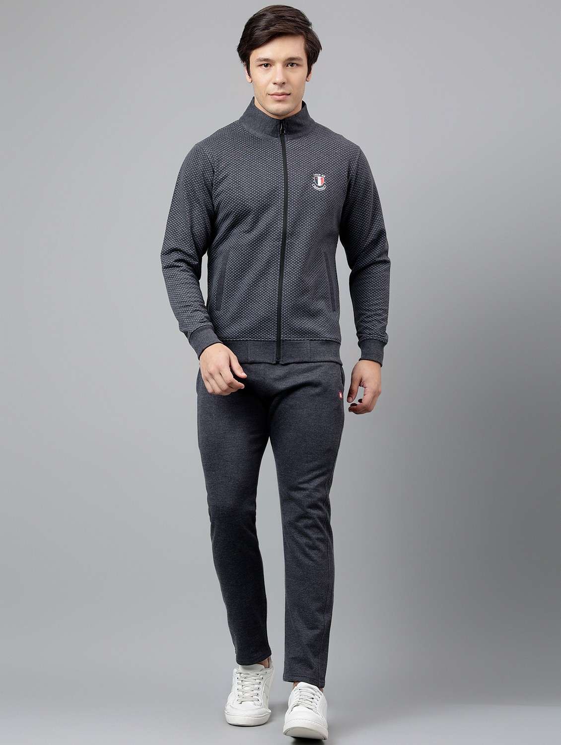 men printed stand collar full length track suit