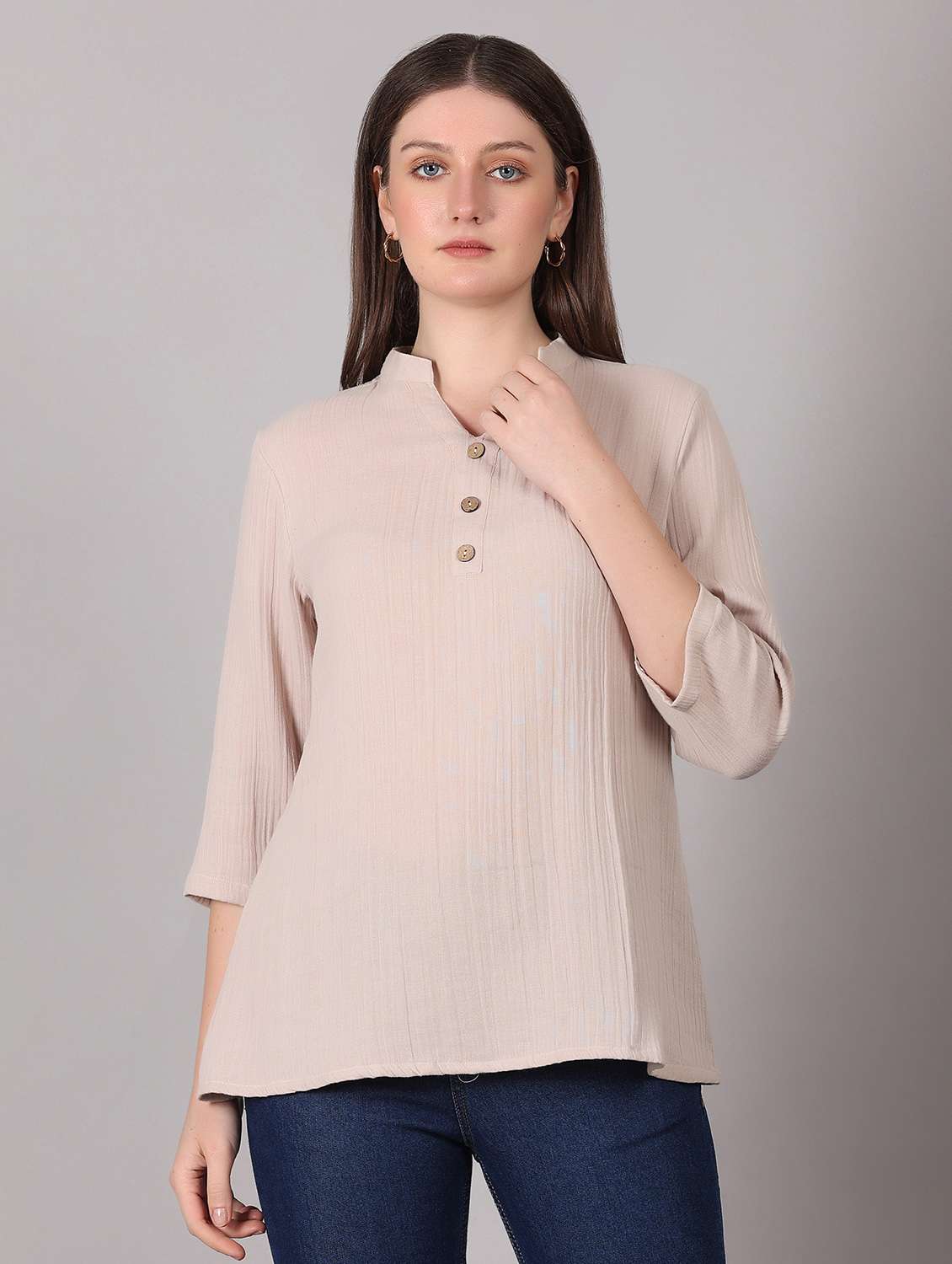women solid mandarin neck a-line top