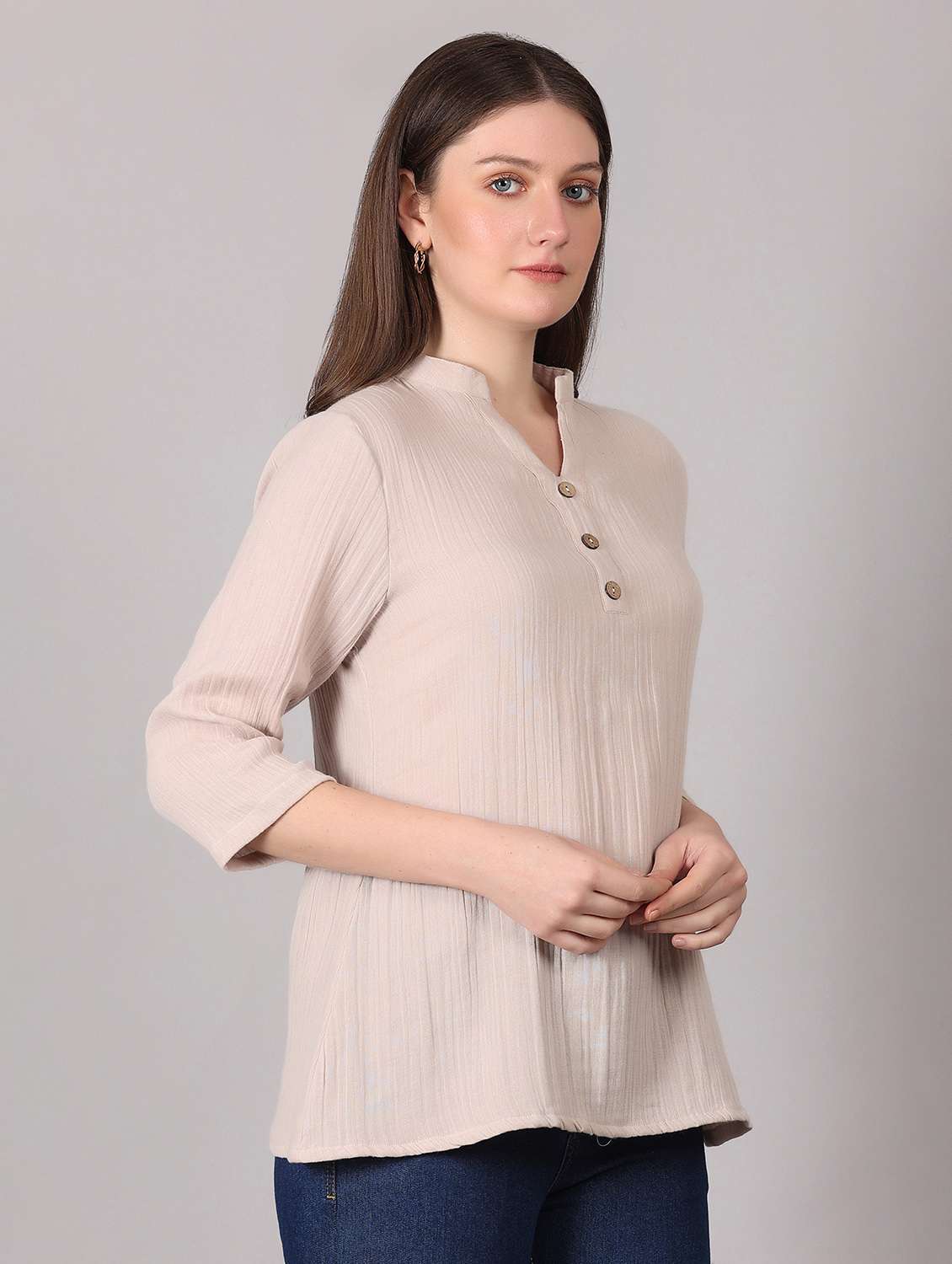 women solid mandarin neck a-line top - 21765171 -  Standard Image - 1