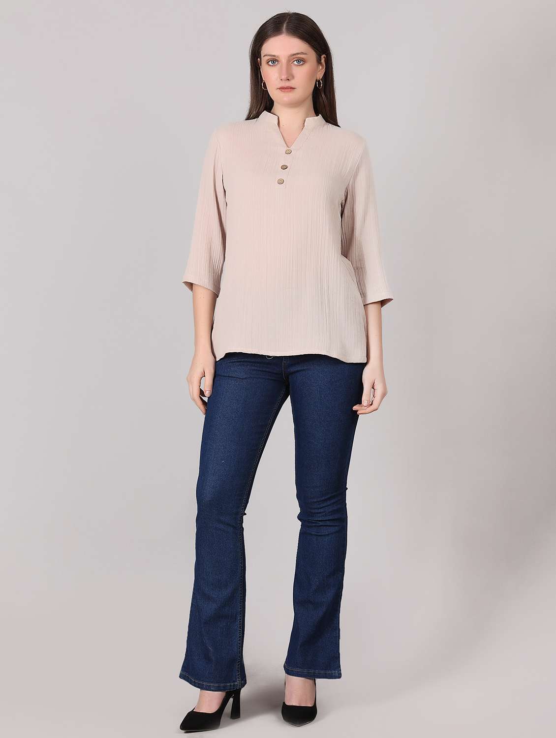 women solid mandarin neck a-line top - 21765171 -  Standard Image - 4