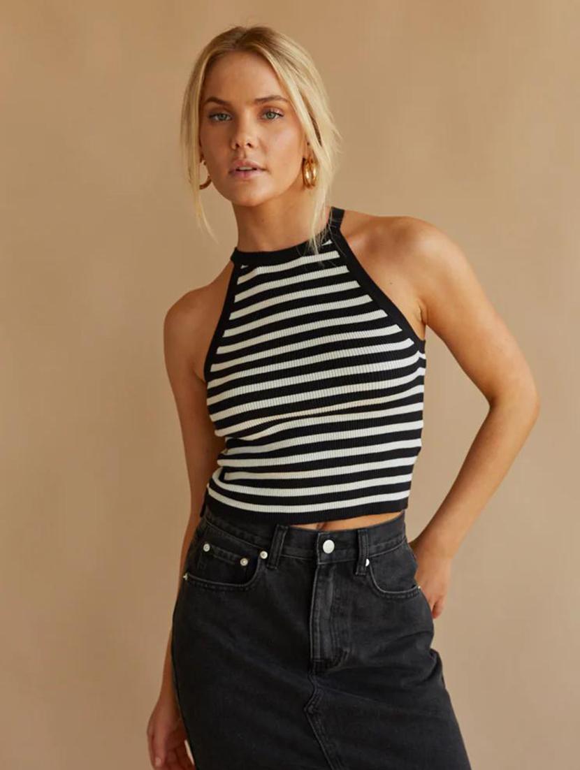 women striped halter neck sleeveless tank top