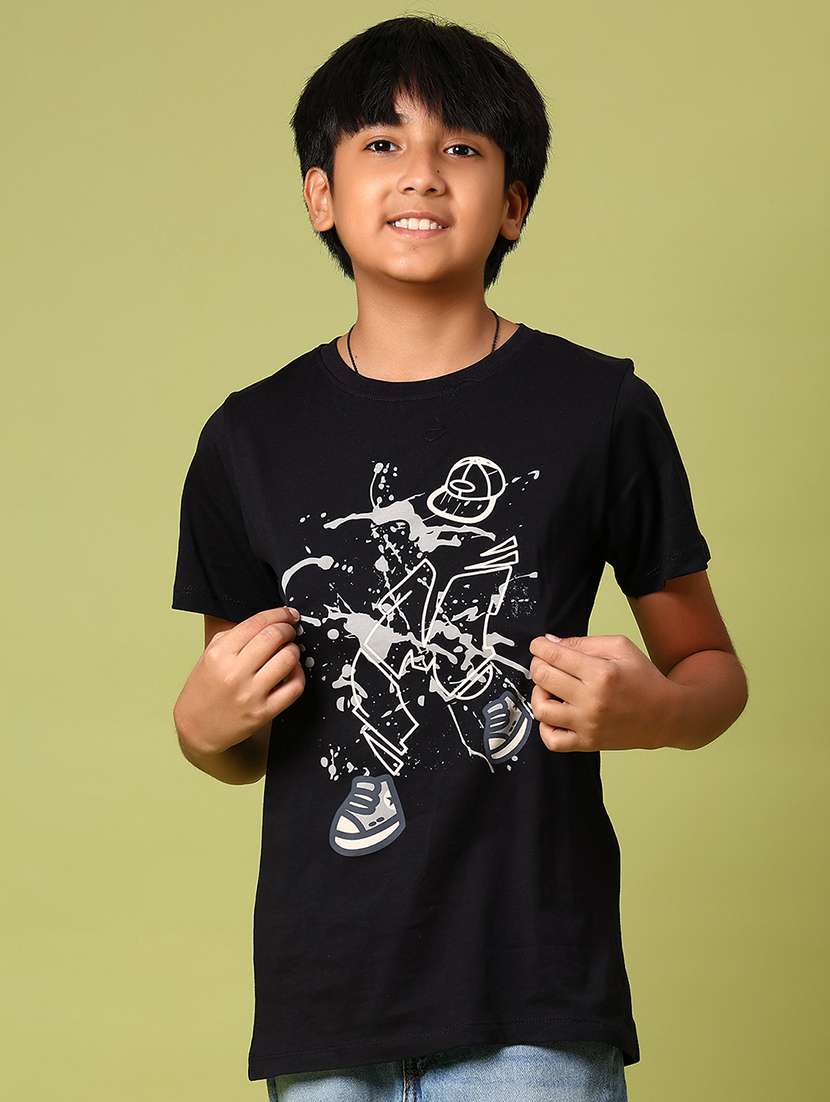 boys black front print round neck t-shirt - 21765369 -  Standard Image - 1