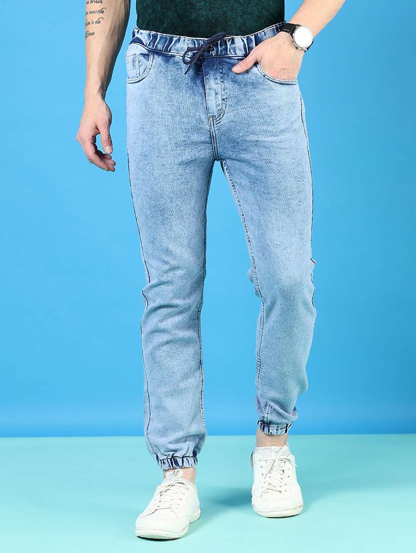 men solid mid rise denim jogger
