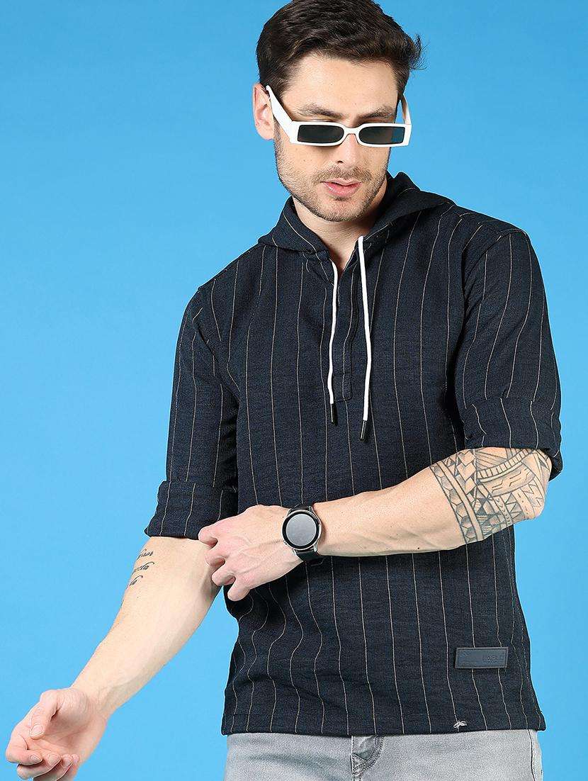 men striped long sleeve hooded t-shirt