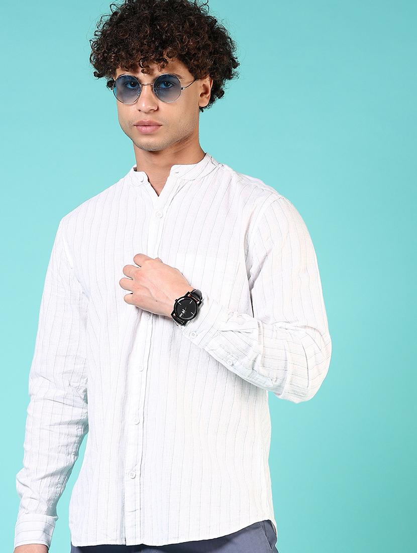 women striped mandarin neck casual shirt - 21765988 - Standard Image - 1