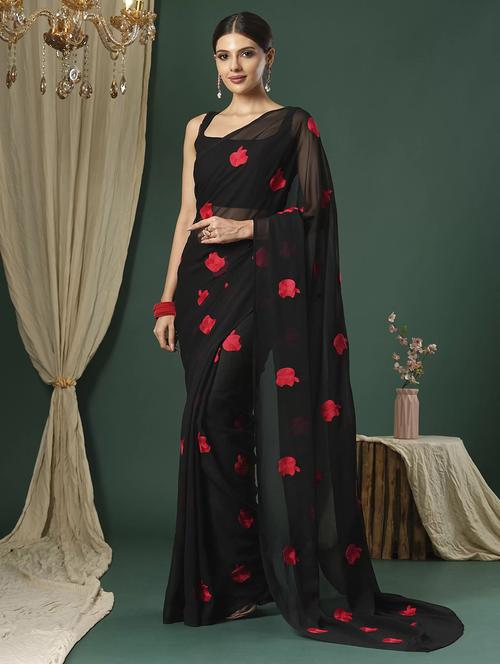 women black embroidered saree with blouse - 21766133 - Standard Image - 0