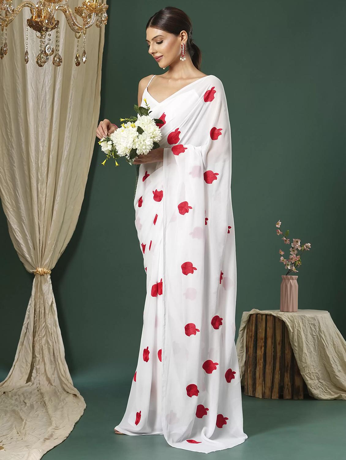 women white embroidered saree with blouse - 21766134 -  Standard Image - 1