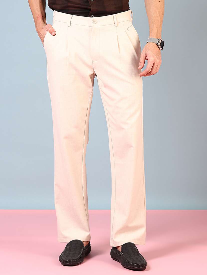 men mid rise solid pleated casual trouser