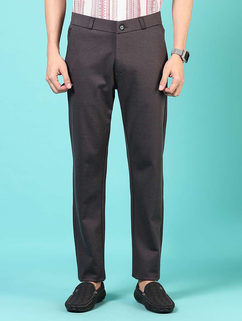 men mid rise solid flat front casual trouser