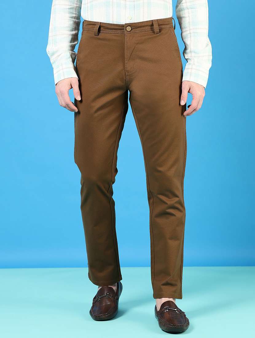 men mid rise solid flat front casual trouser