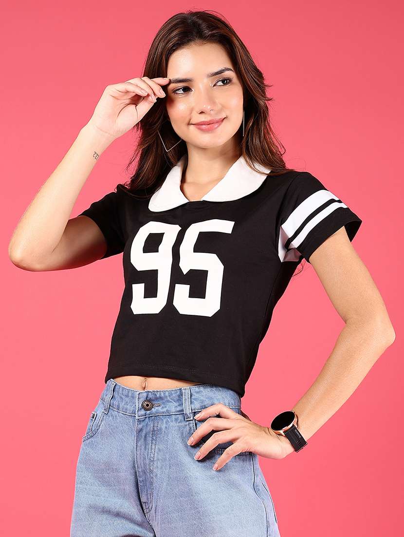 women graphic printed polo neck crop t-shirt - 21766449 -  Standard Image - 1