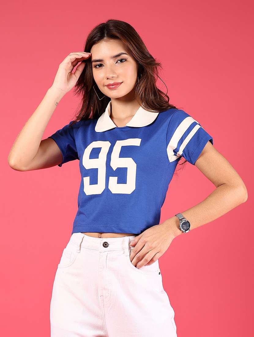 women blue short sleeve crop polo t-shirt - 21766450 -  Standard Image - 1