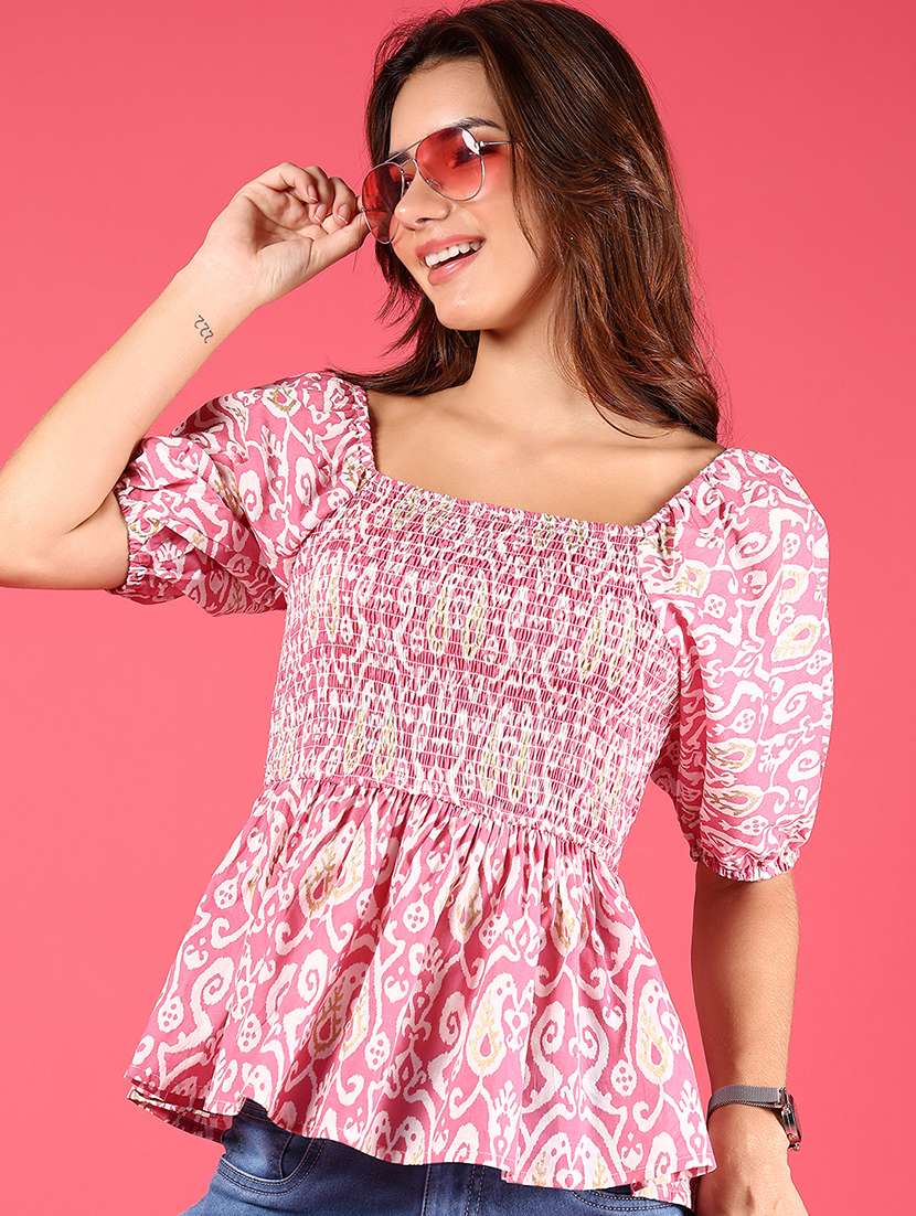 women pink printed square neck peplum top
