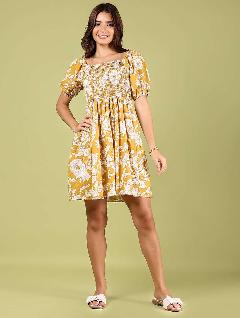 women mustard floral printed puff sleeve dress - 21766475 - Standard Image - 1