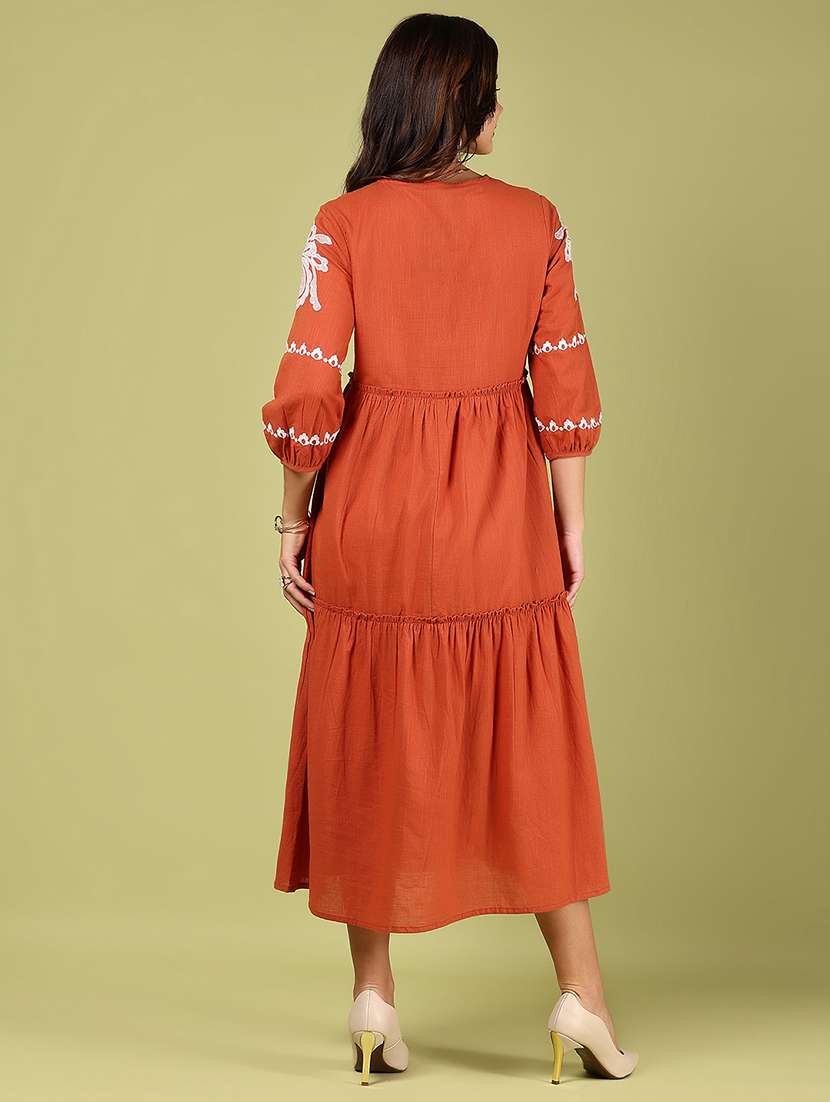Women Embroidered Tie Up Neck Tiered Dress