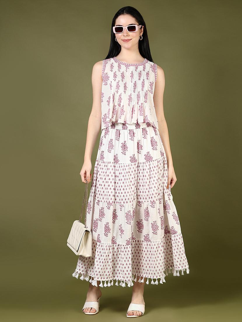 women off white prinred mid rise tiered skirt - 21766490 - Standard Image - 4