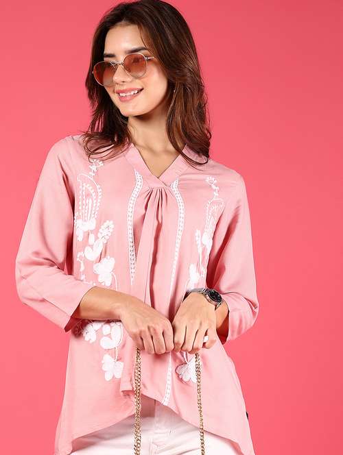 women embroidered v-neck high low top - 21766492 -  Standard Image - 0