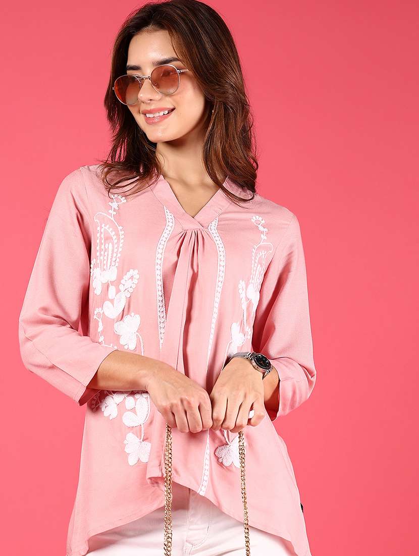 women embroidered v-neck high low top - 21766492 -  Zoom Image - 0