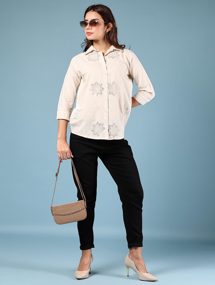 women off white embellished collared shirt - 21766528 - Standard Image - 4