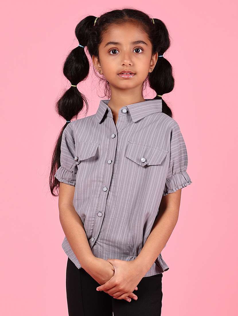 girls solid puff sleeve collared shirt - 21766557 -  Standard Image - 1