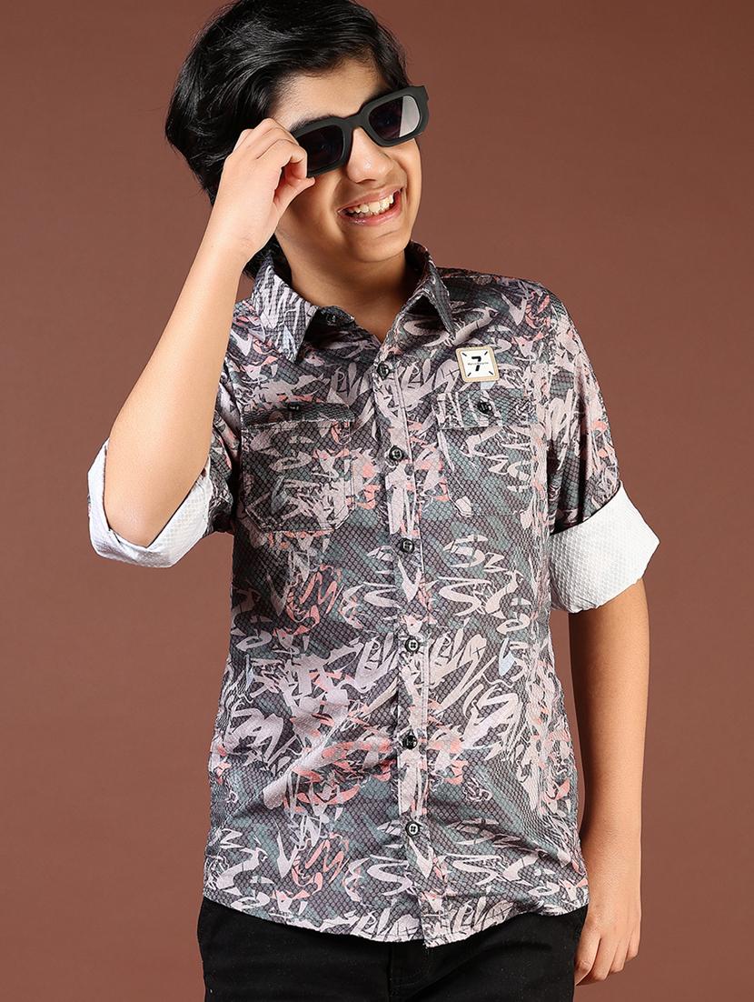 boys grey printed long sleeve casual shirt