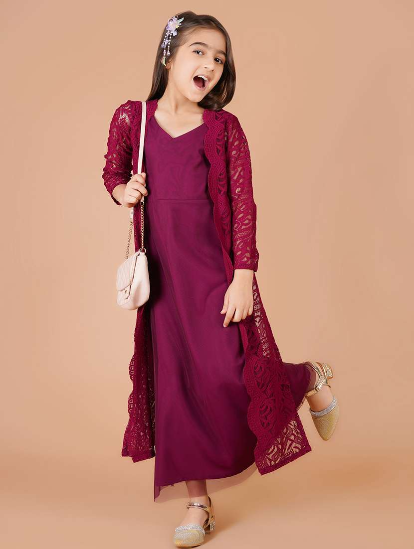 girls solid long sleeves a-line dress with laced shrug