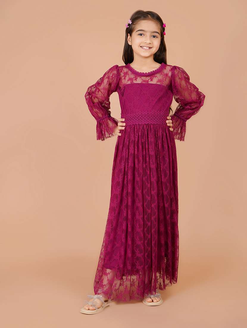 girls magenta self design long sleeve fit & flare dress