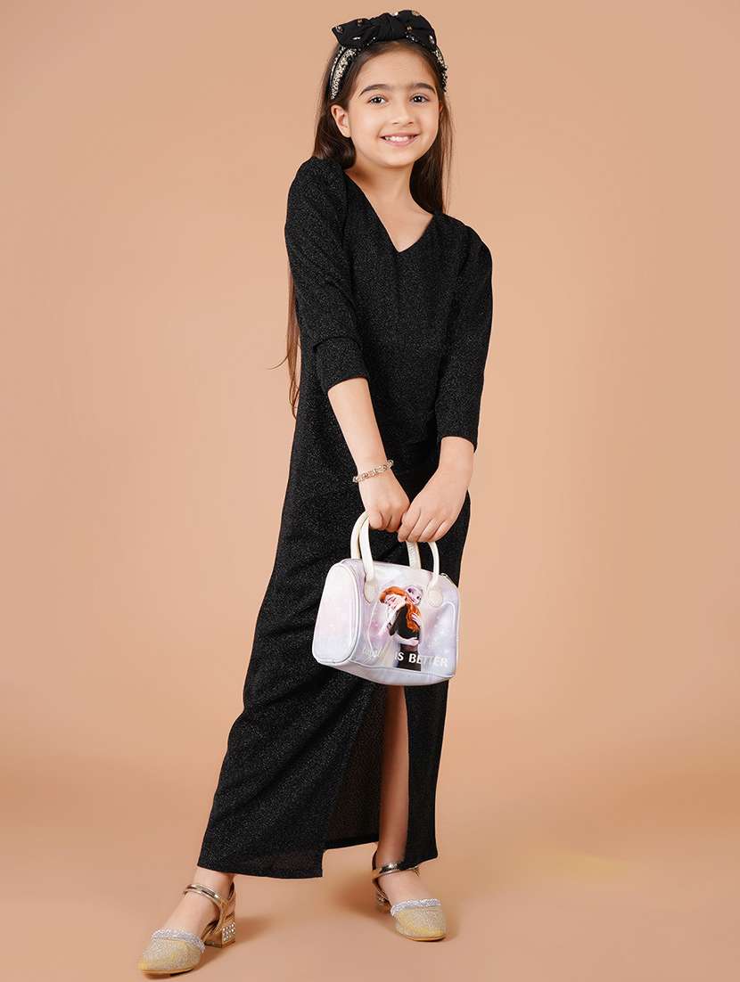girls black self design three quarter sleeve bodycon dress