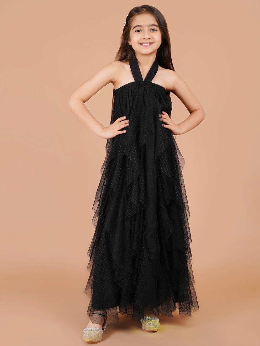 girls black self design halter neck ruffle dress - 21766669 - Standard Image - 1