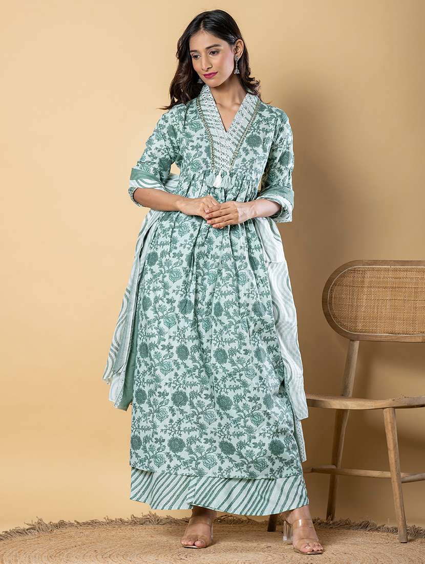 women three quarter sleeve kurta palazzo with dupatta set - 21766773 -  Standard Image - 1