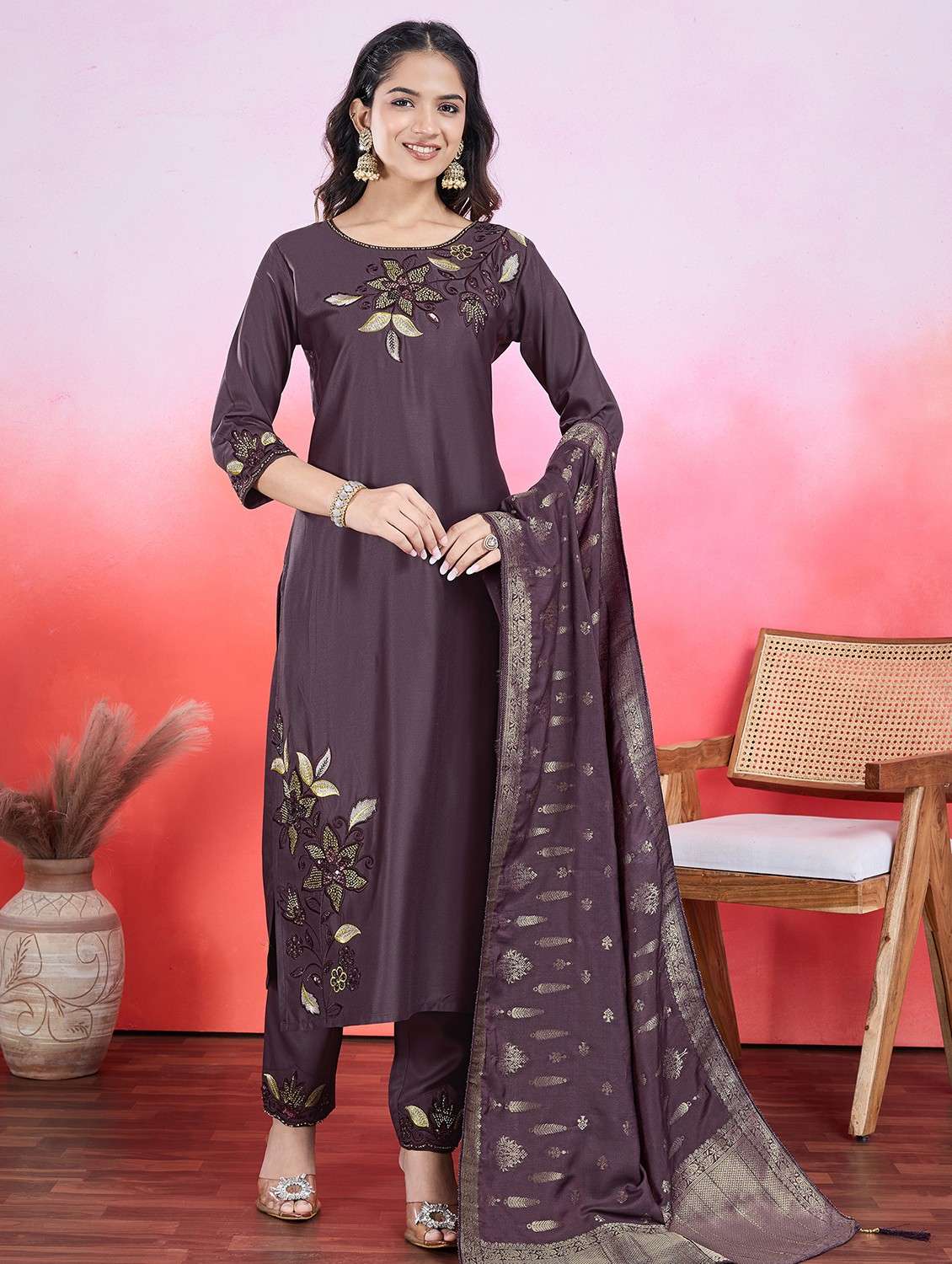 women three quarter sleeve kurta pant with dupatta set