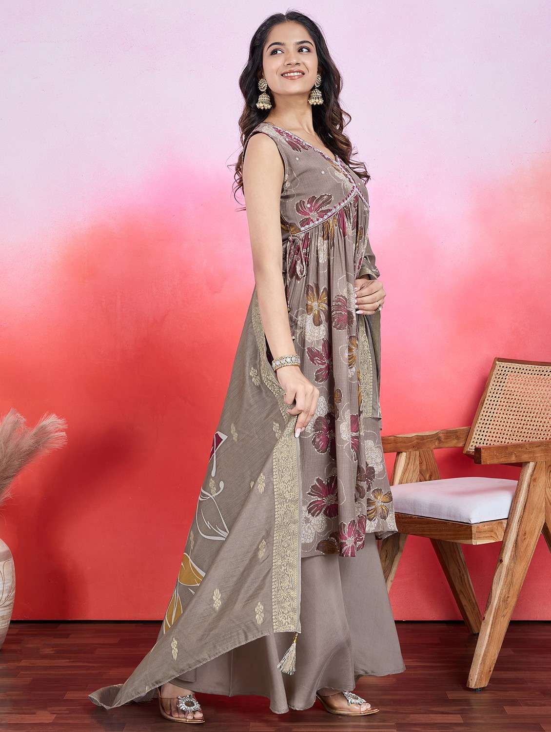 women brown sleeveless kurta palazzo with dupatta set - 21766918 -  Standard Image - 1