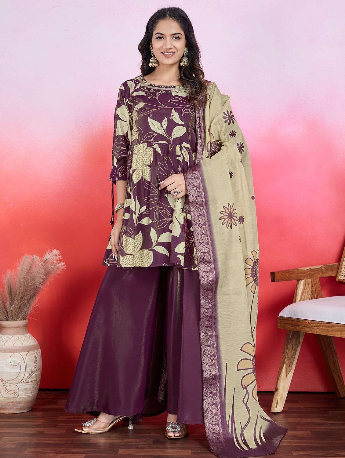 women three quarter sleeve kurta palazzo with dupatta set