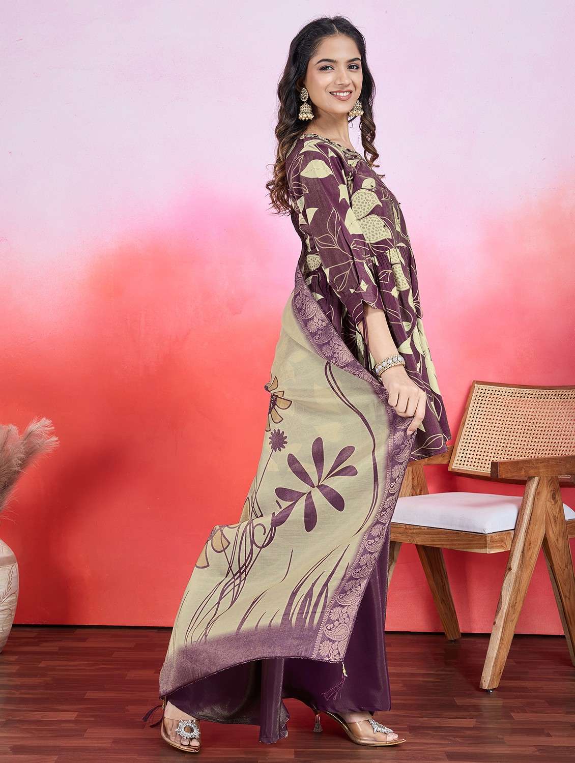 women three quarter sleeve kurta palazzo with dupatta set - 21766920 -  Standard Image - 1