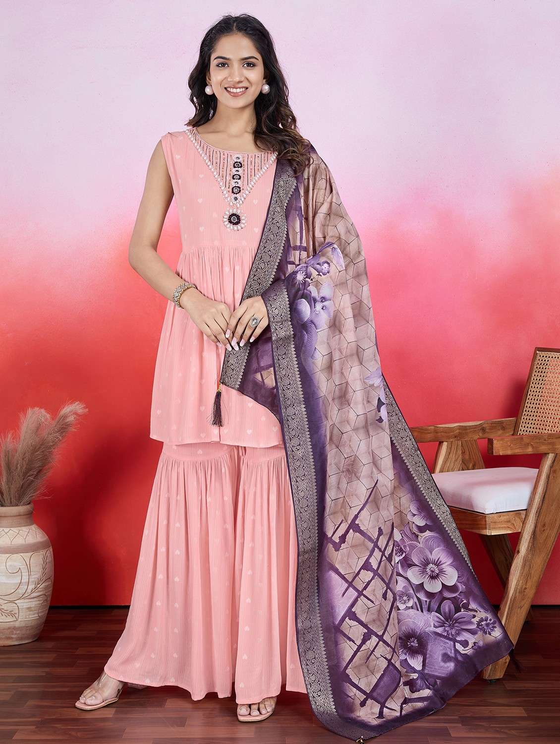 women sleeveless kurta sharara with dupatta set