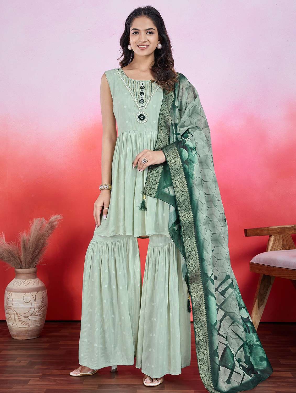 women sleeveless kurta sharara with dupatta set
