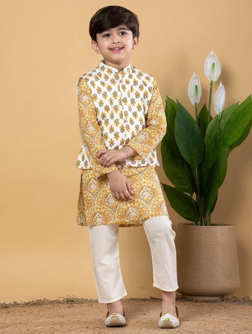 boys printed long sleeves kurta pyjama with jacket set - 21766929 - Standard Image - 1