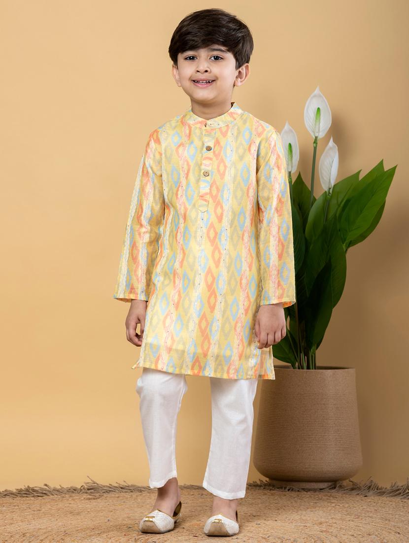 boys printed long sleeves kurta pyjama set