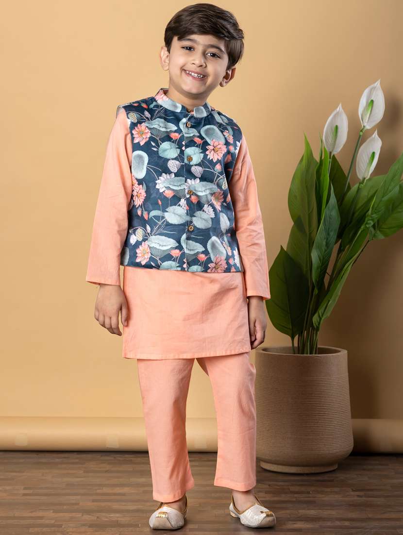 boys printed long sleeves kurta pyjama with jacket set - 21766935 -  Standard Image - 1