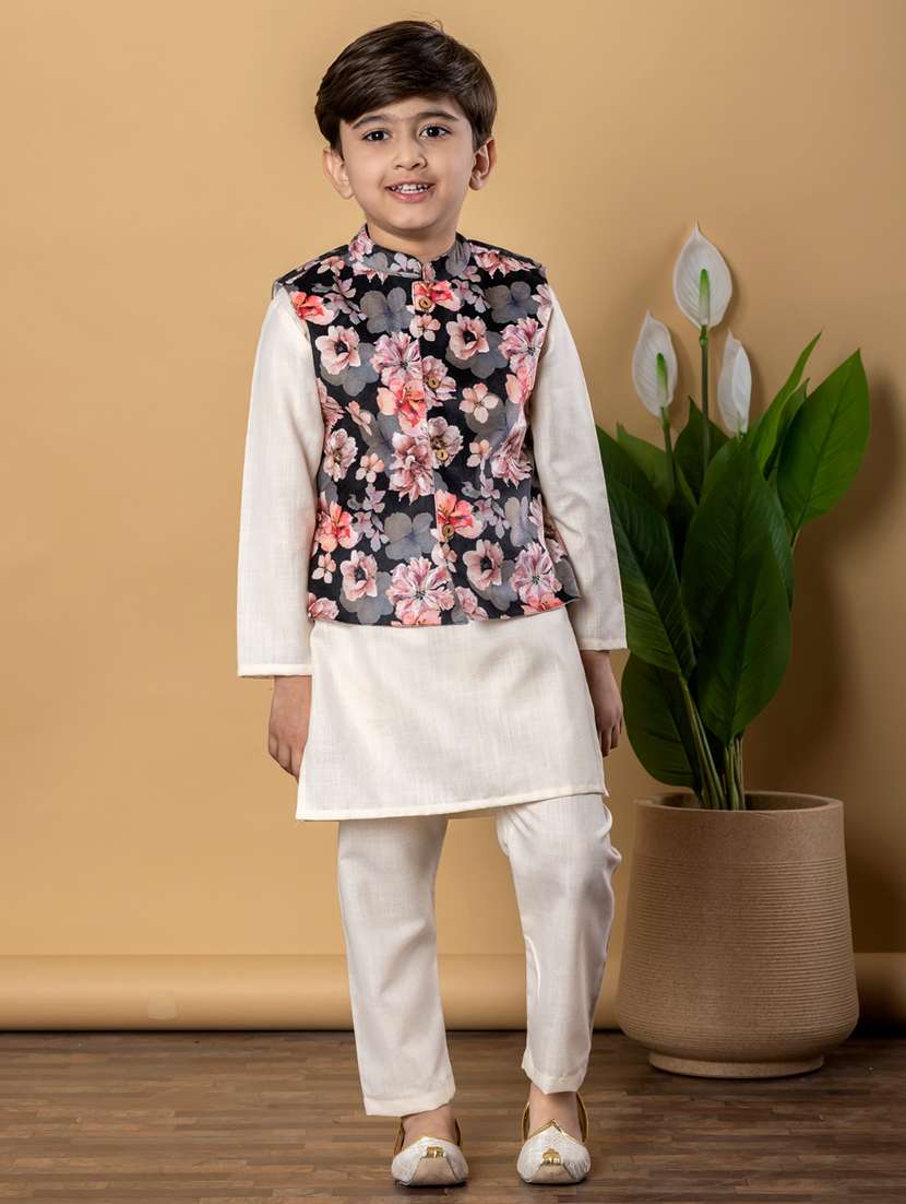 boys printed long sleeves kurta pyjama with jacket set