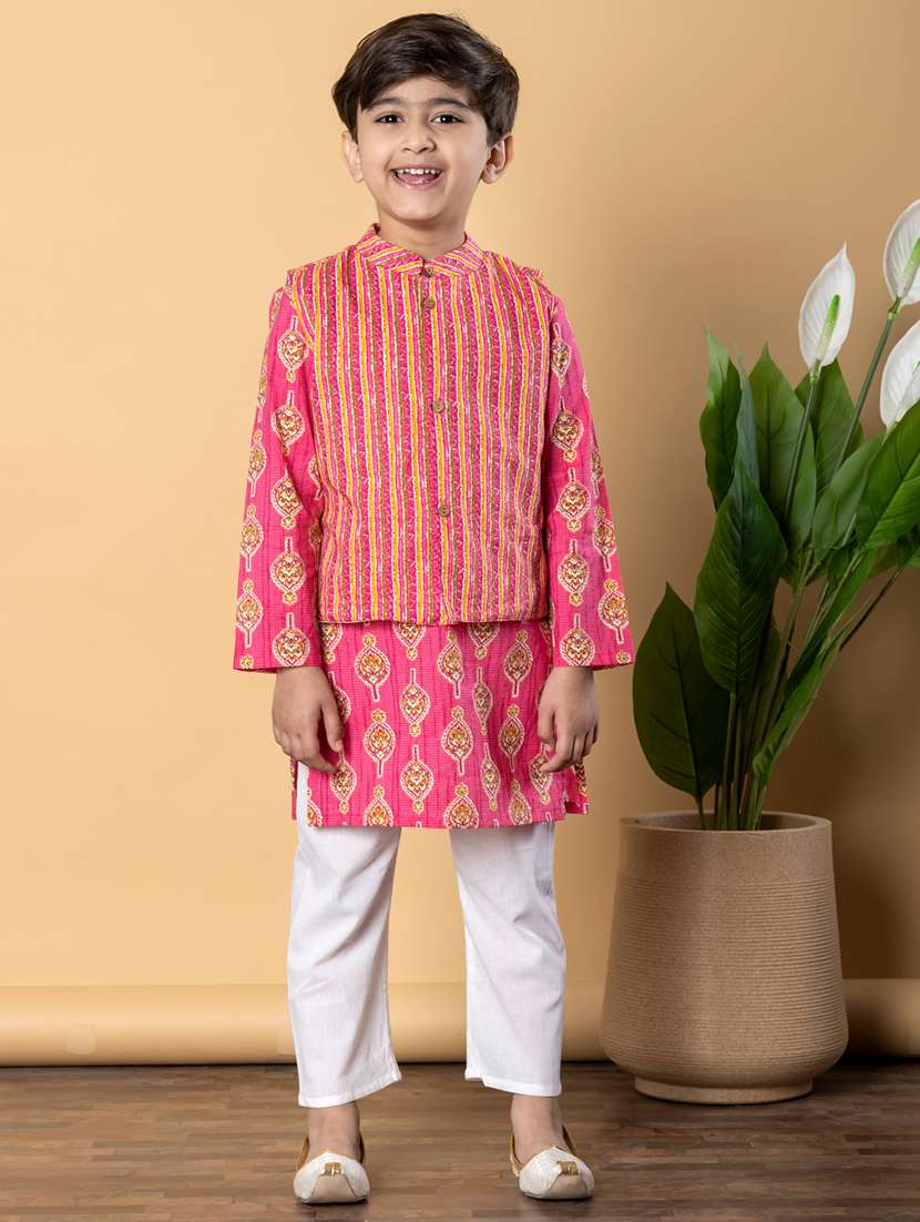 boys printed long sleeves kurta pyjama with jacket set - 21766946 -  Standard Image - 1