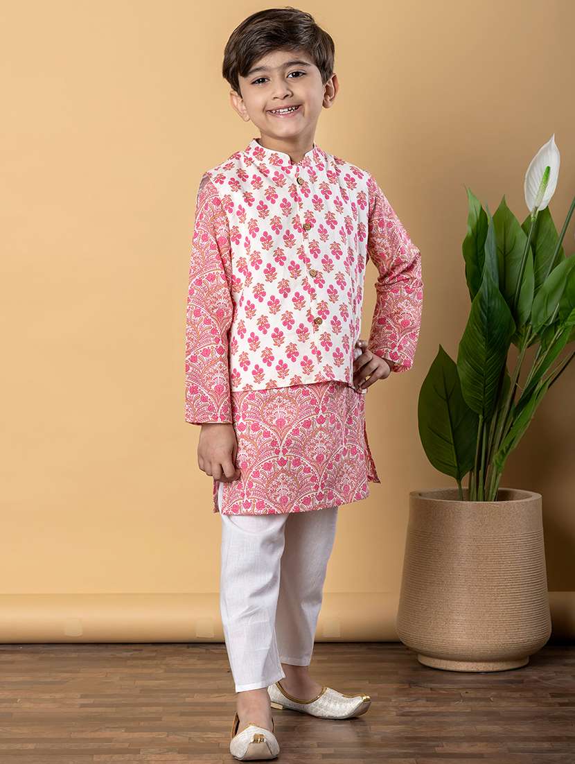 boys printed long sleeves kurta pyjama with jacket set - 21766949 -  Standard Image - 1