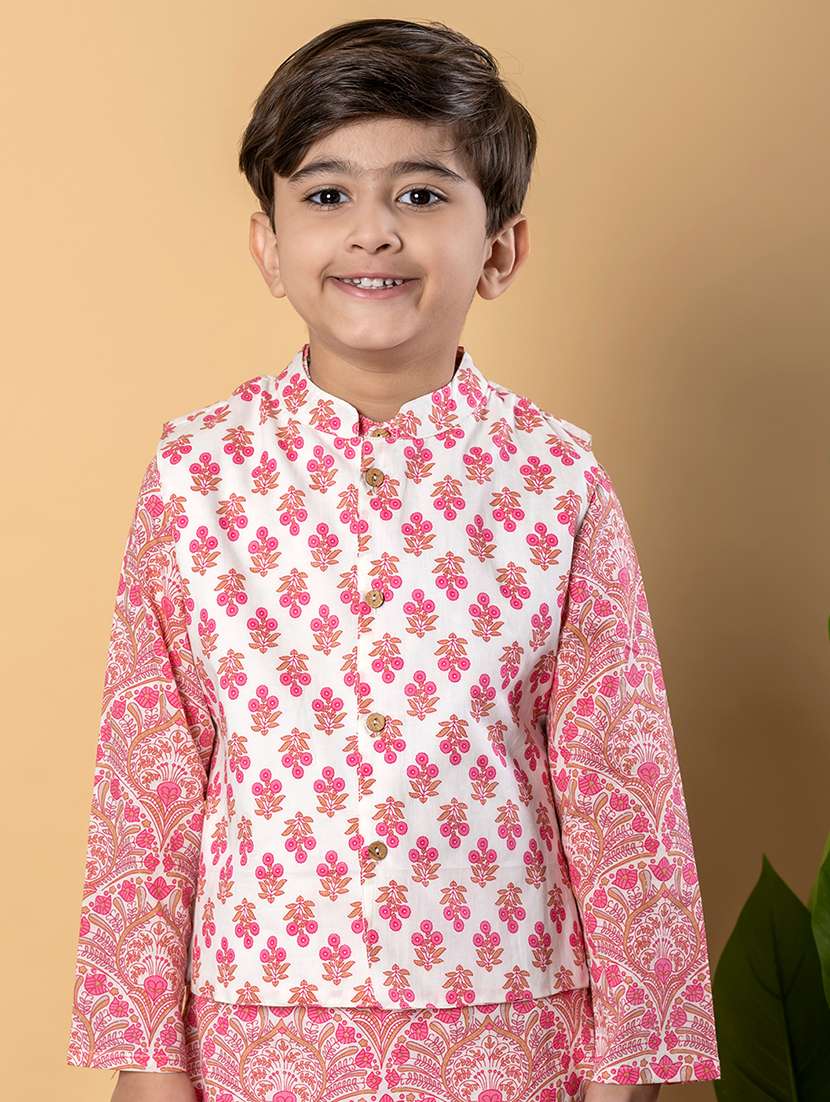 boys printed long sleeves kurta pyjama with jacket set - 21766949 -  Standard Image - 4