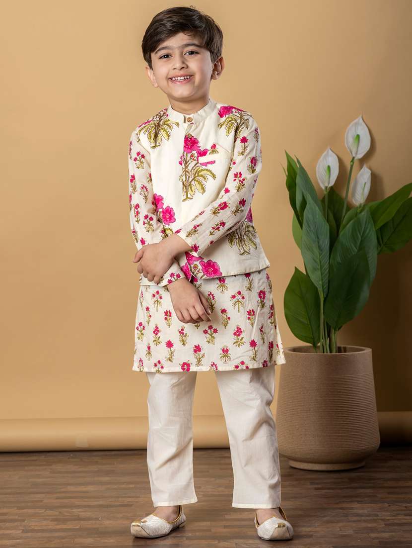 boys printed long sleeves kurta pyjama with jacket set - 21766950 - Standard Image - 1